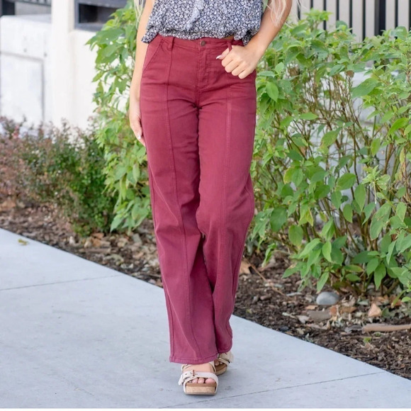 Judy Blue burgundy high rise front seam straight leg jeans - Picture 2 of 14